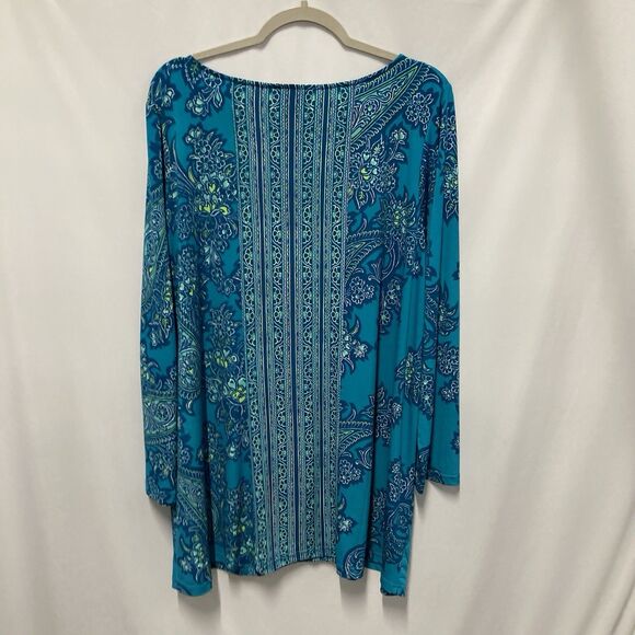 Bob Mackie Tunic Top Womens 1X Blue Paisley Long Sleeve Wearable Art - Picture 2 of 10